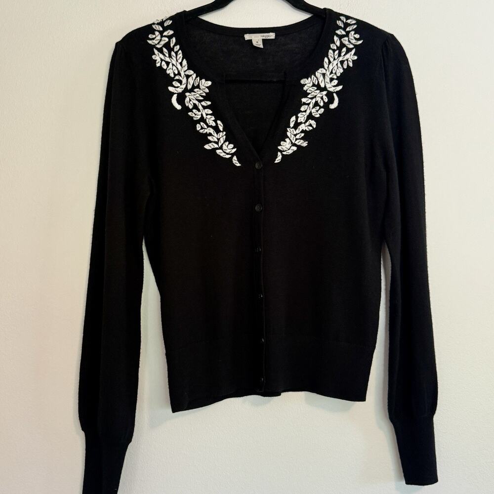 Merino Wool Cardigan Women - Black with Floral Embroidery Halogen SZ Med
